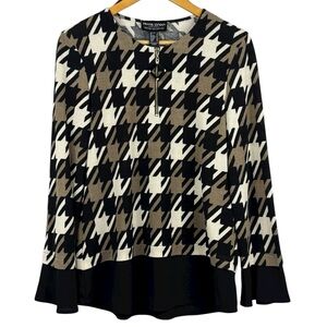 Frank Lyman Black Beige Cream Houndstooth Pattern Black Hem Cuff 1/4 Zip Top 8